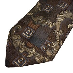 Towncraft Mens Necktie Polyester Blend Brown Blue Gold Geometric Brocade Pattern